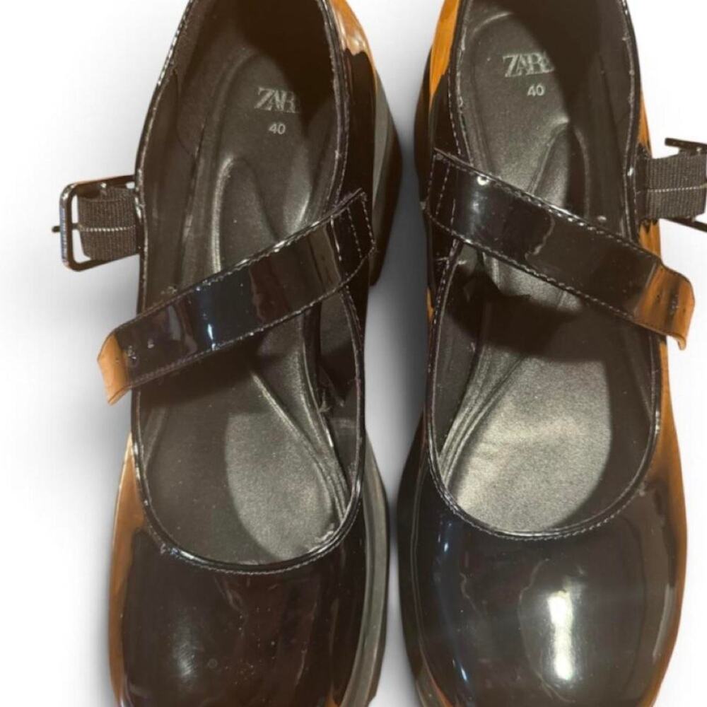Zara Black Patent-Effect Chunky Mary Jane Shoes EU 40